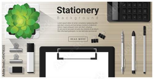 Stationery background with office equipment on wooden table , vector , illustration