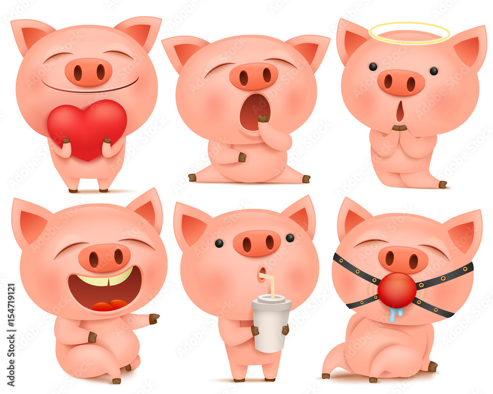 Set of cute pig cartoon characters in various poses. Set of cute pig cartoon characters in various poses.