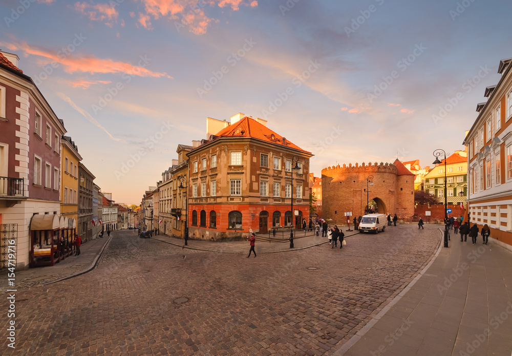 Intersection of ancient streets in the evening. Warsaw. Poland.
