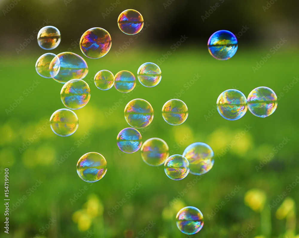 bright festive background with flying shiny soap bubbles on green meadow