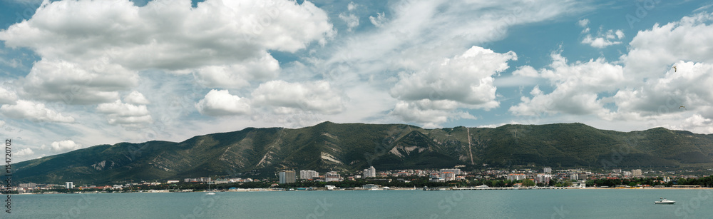 View of sea and hills of the Marcotx Range. Gelendzhik, North Caucasus, Russia tourism and vacations at sea concept