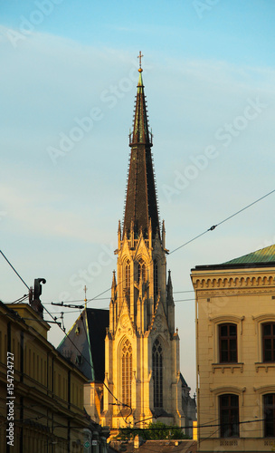tower of cathedral of saint Vaclav enlightened with evening light in Olomouc, Czech Republic