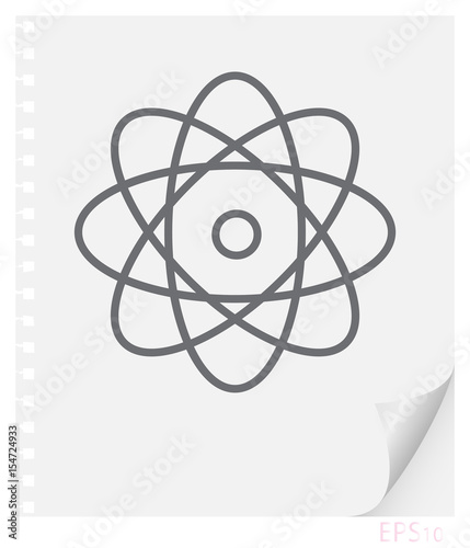Vector linear illustration of an atom with electrons on a sheet of paper with a curved corner and holes from springs, a school physical line icon