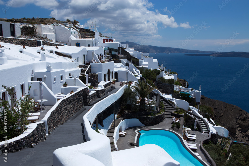Fototapeta premium Landscape of famous Greek village Oia at Santorin Island with view to the caldera 