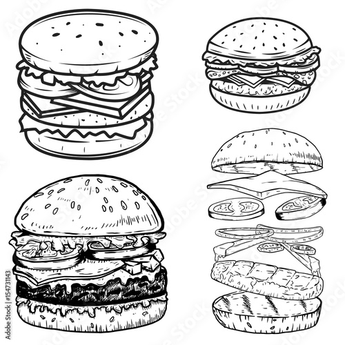 Set of burger illustrations. Design elements for poster,menu, label, badge, sign. Vector illustration