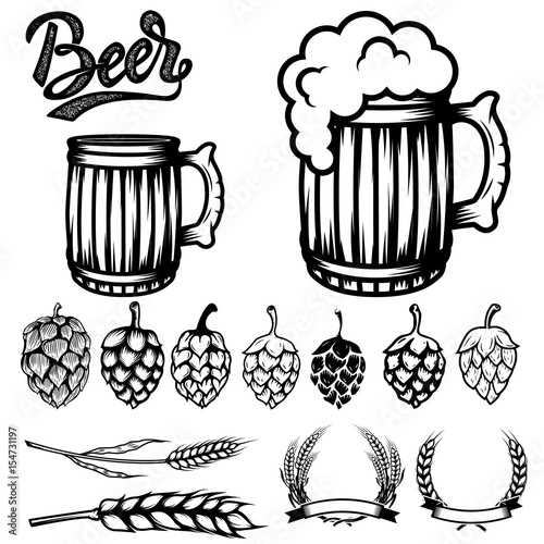 Set of components for beer labels design. Beer mugs, hops, wheat. Vector illustration