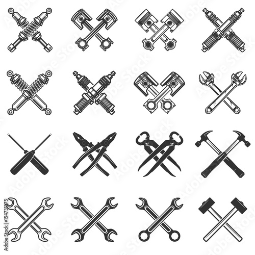 Set of the crossed tools and car parts. Design elements for logo, label, emblem, sign, badge. Vector illustration