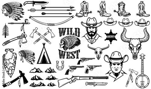 Big set of wild west icons.Cowboys, indians, vintage weapon. Design elements for logo, label, emblem, sign, badge. Vector illustration