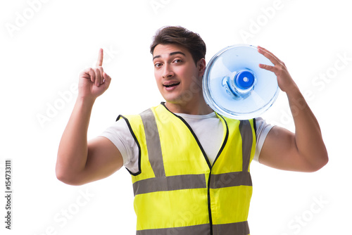 Man delivering water bottle isolated on white