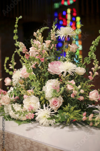 Pink, White, and Green Church Wedding Altar Flowers