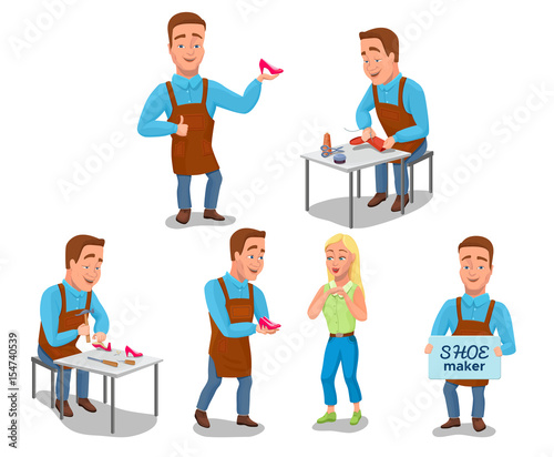 Shoemaker cartoon characters set with cobbler tools set colorful vector illustration including sewing, repairing workers