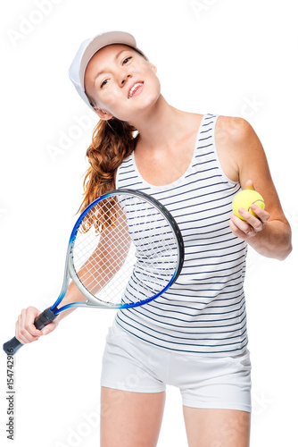 successful woman in tennis is posing on a white background © kosmos111