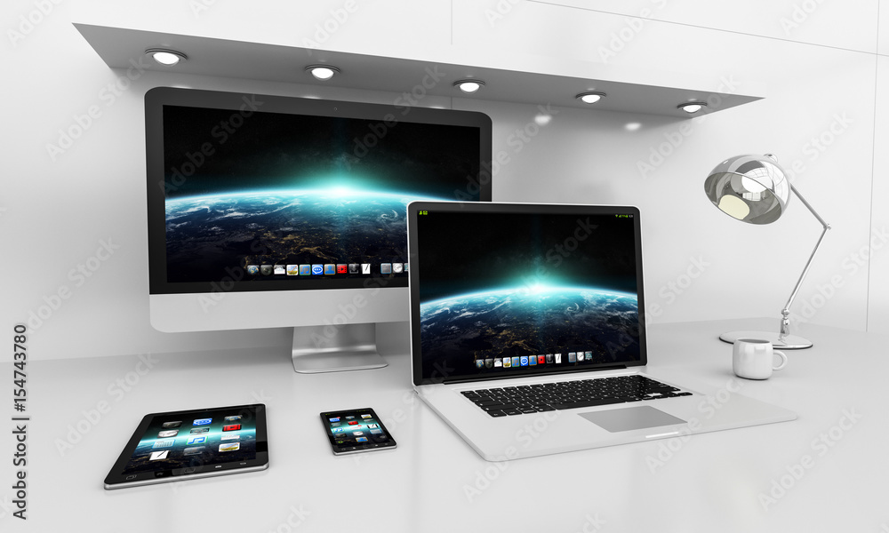 Modern white desk interior with computer and devices 3D rendering Modern white desk interior with computer and devices 3D rendering