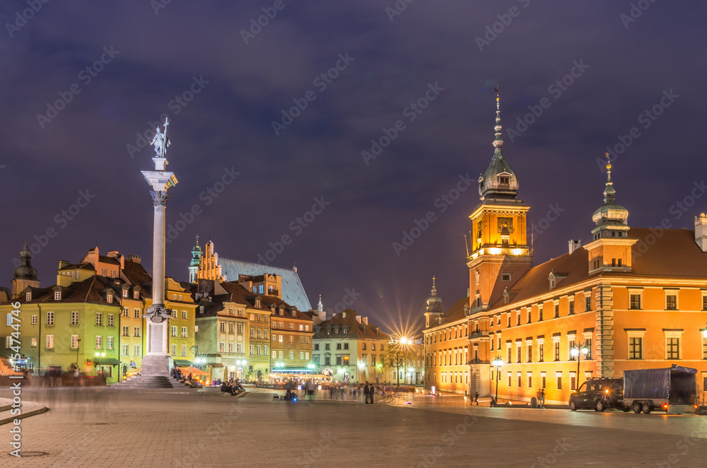 Warsaw, Poland, panorama of old city with royal castle and king Sigismund statue