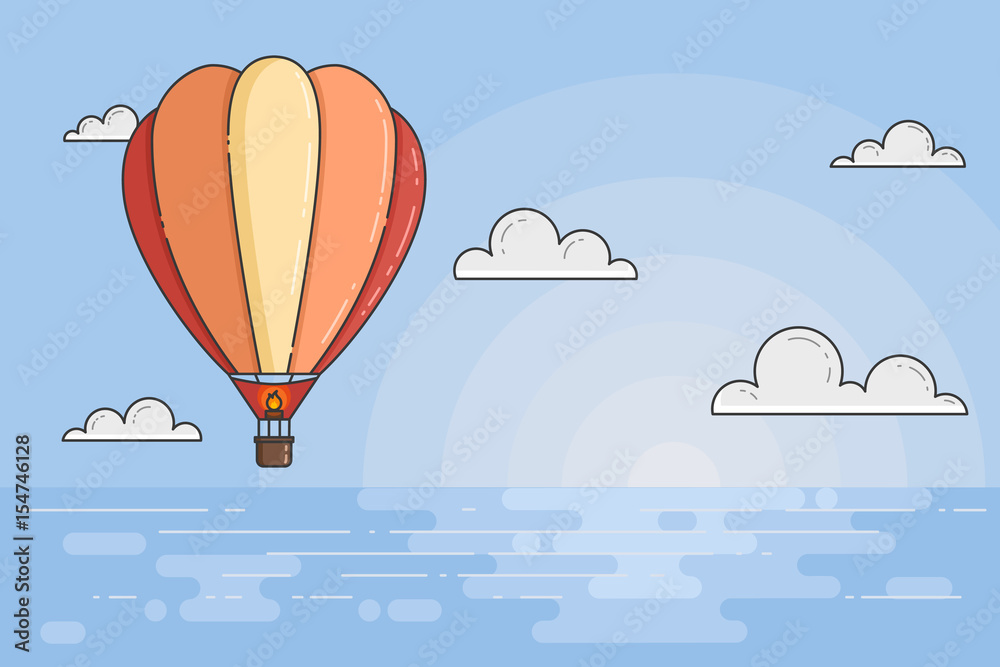 Obraz premium Hot air balloon in blue sky with clouds under the sea for travel agency, motivation, business development, greeting card, banner