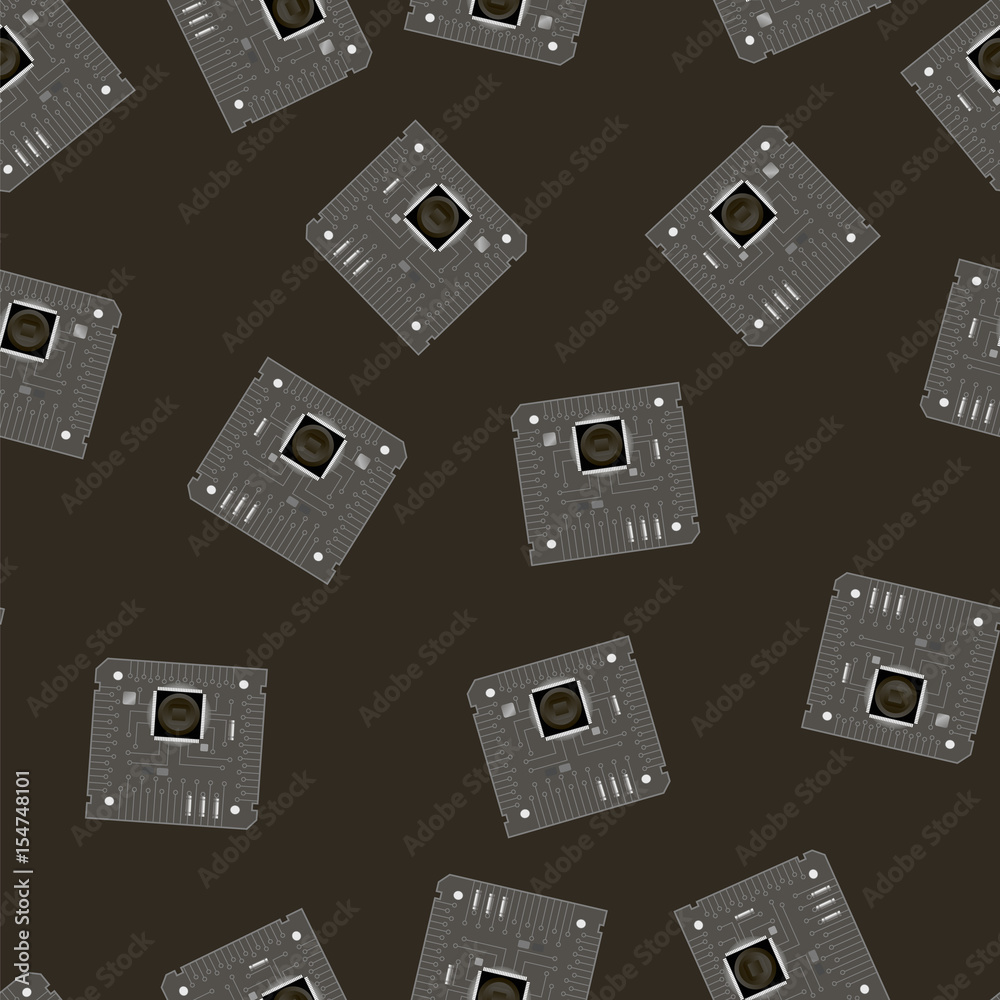 Grey Circuit Board Seamless Pattern Isolated on Dark Background. Part of Computer