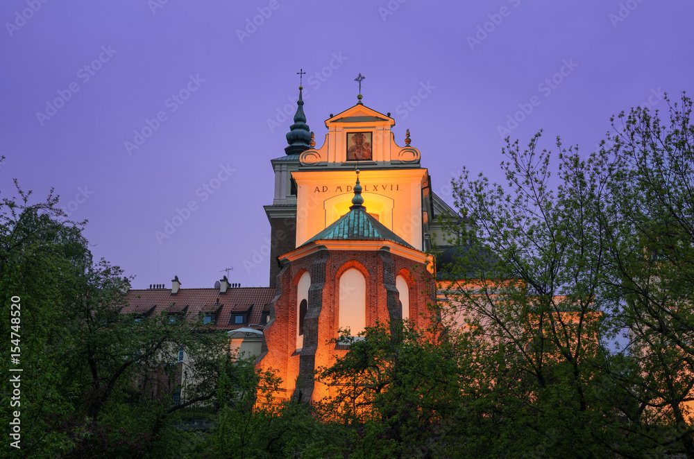 Warsaw, Old Town, Poland, night view of St. Anne`s church.