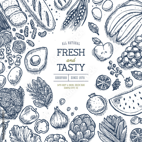 Healthy food collection. Good nutrition top view table design template. Linear graphic. Hero image. Vector illustration