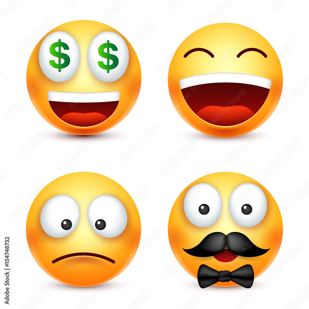 Smiley,smiling emoticon. Yellow face with emotions. Facial expression. 3d realistic emoji. Funny cartoon character.Mood. Web icon. Vector illustration.