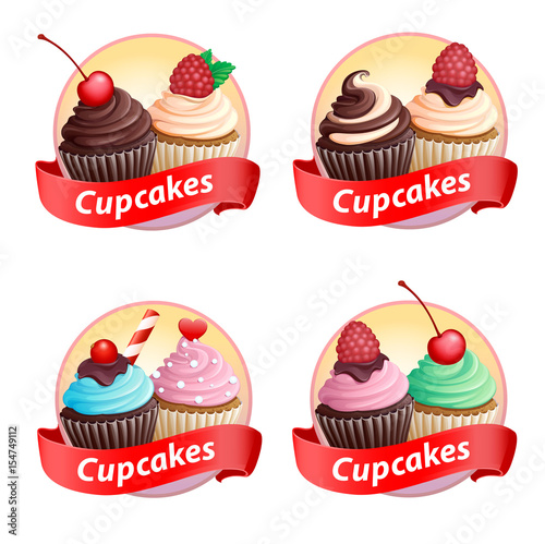 Set emblems or stickers cupcakes with red ribbon. Isolated. Sweet pastries decorated with cream. Vector illustration. 3D.