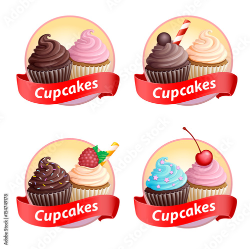 Set emblems or stickers cupcakes with red ribbon. Isolated. Sweet pastries decorated with cream. Vector illustration. 3D.