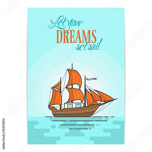 Color ship with orange sails in the sea. Sailboat on waves for trip, tourism, travel agency, hotels, vacation card, banner.