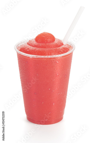 Raspberry or Cherry Smoothie with Straw on White Background photo