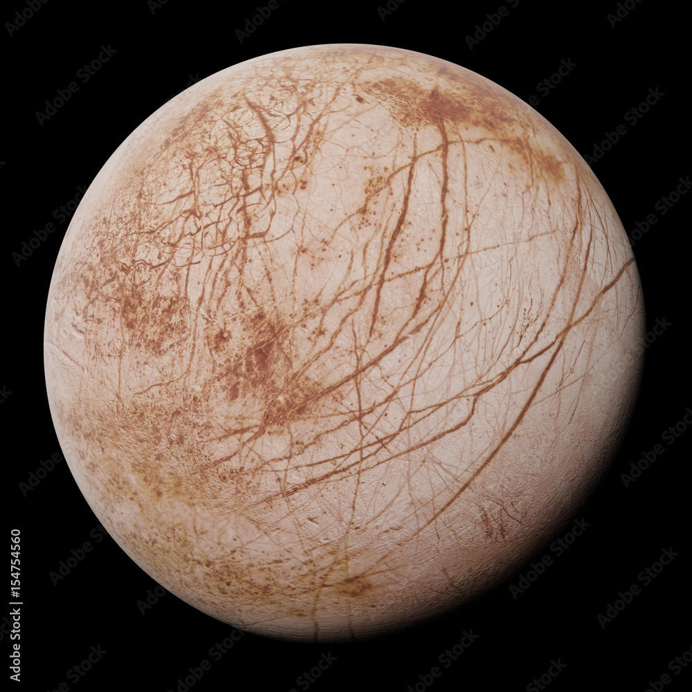 Naklejka premium Europa, moon of the planet Jupiter in natural colours, isolated on black background