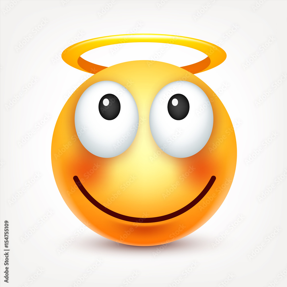 Fototapeta premium Smiley,smiling emoticon. Yellow face with emotions. Facial expression. 3d realistic emoji. Funny cartoon character.Mood. Web icon. Vector illustration.
