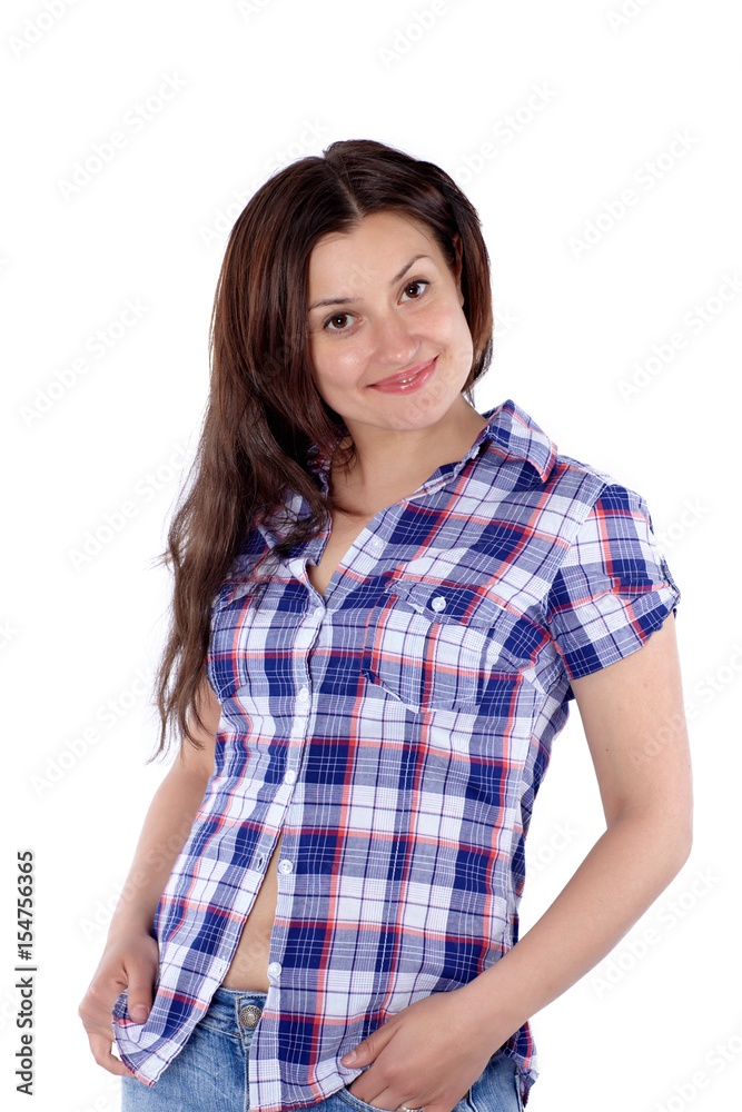 Young attractive woman in squared shirt isolated. Young attractive woman in squared shirt isolated.
