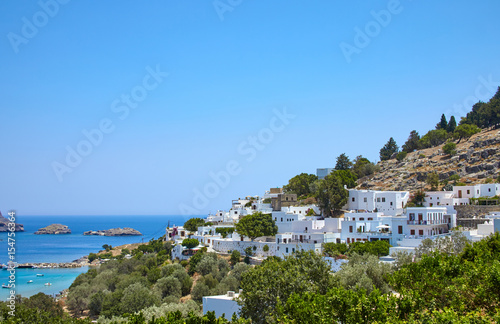 Greece trip in summer, Lindos city of Rhodos island, architecture of the city.