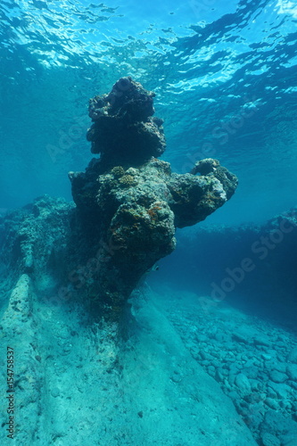 Natural rock formation underwater in the outer reef of Huahine island, Pacific ocean, French Polynesia