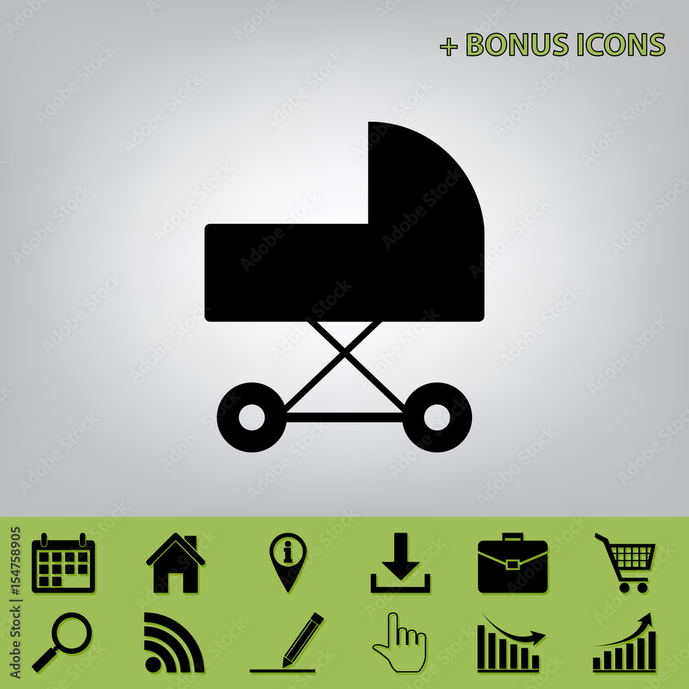 Pram sign illustration. Vector. Black icon at gray background with bonus icons at celery ones Pram sign illustration. Vector. Black icon at gray background with bonus icons at celery ones