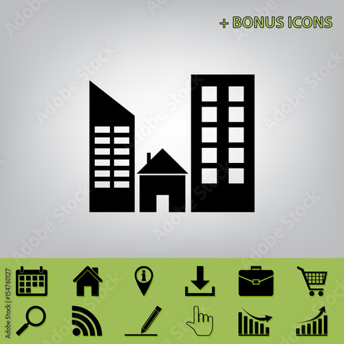 Real estate sign. Vector. Black icon at gray background with bonus icons at celery ones