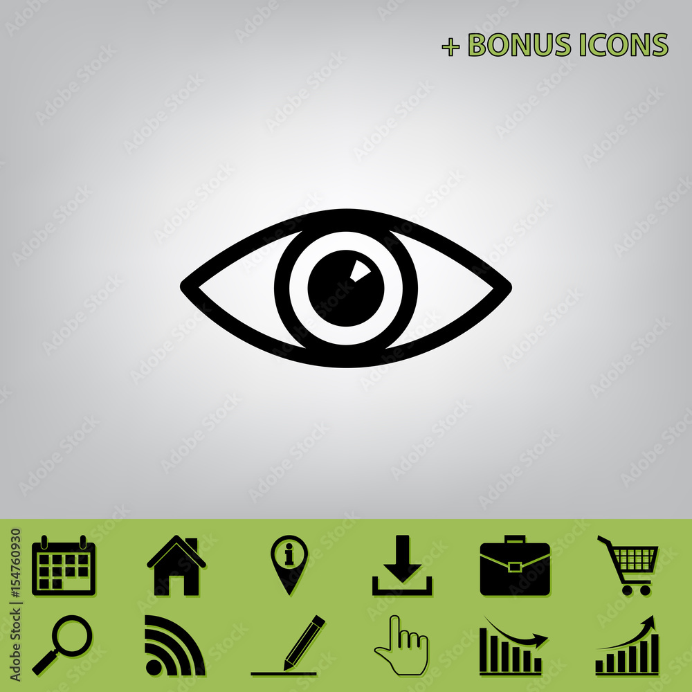 Obraz premium Eye sign illustration. Vector. Black icon at gray background with bonus icons at celery ones