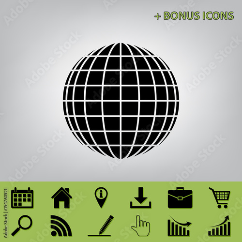 Earth Globe sign. Vector. Black icon at gray background with bonus icons at celery ones