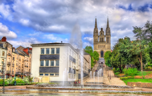 Fountain and Saint Maurice Cathedral of Angers in France