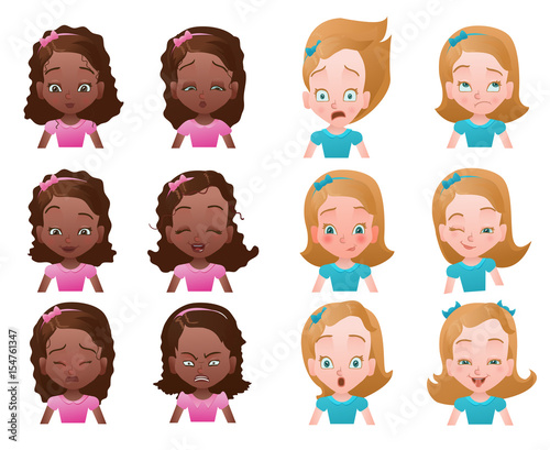Set of female emoticons or avatars with small girl portraits with different emotions