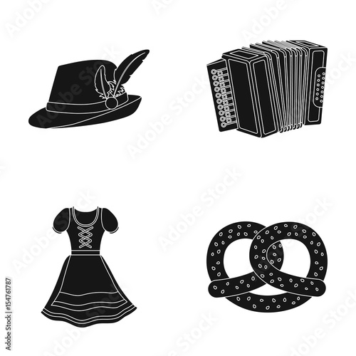 Tyrolean hat, accordion, dress, pretzel. Oktoberfestset collection icons in black style vector symbol stock illustration web.