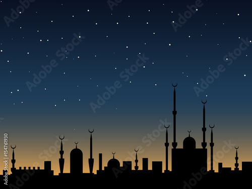 Islamic vector background. Ancient eastern city silhouette over twilight sky