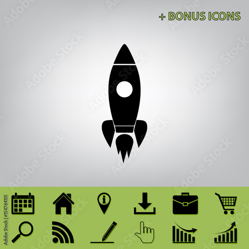 Rocket sign illustration. Vector. Black icon at gray background with bonus icons at celery ones