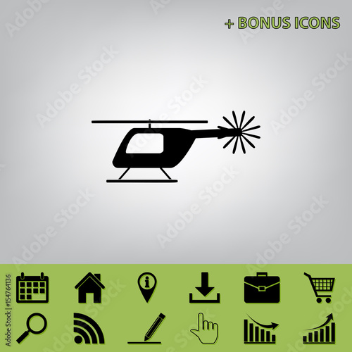 Helicopter sign illustration. Vector. Black icon at gray background with bonus icons at celery ones