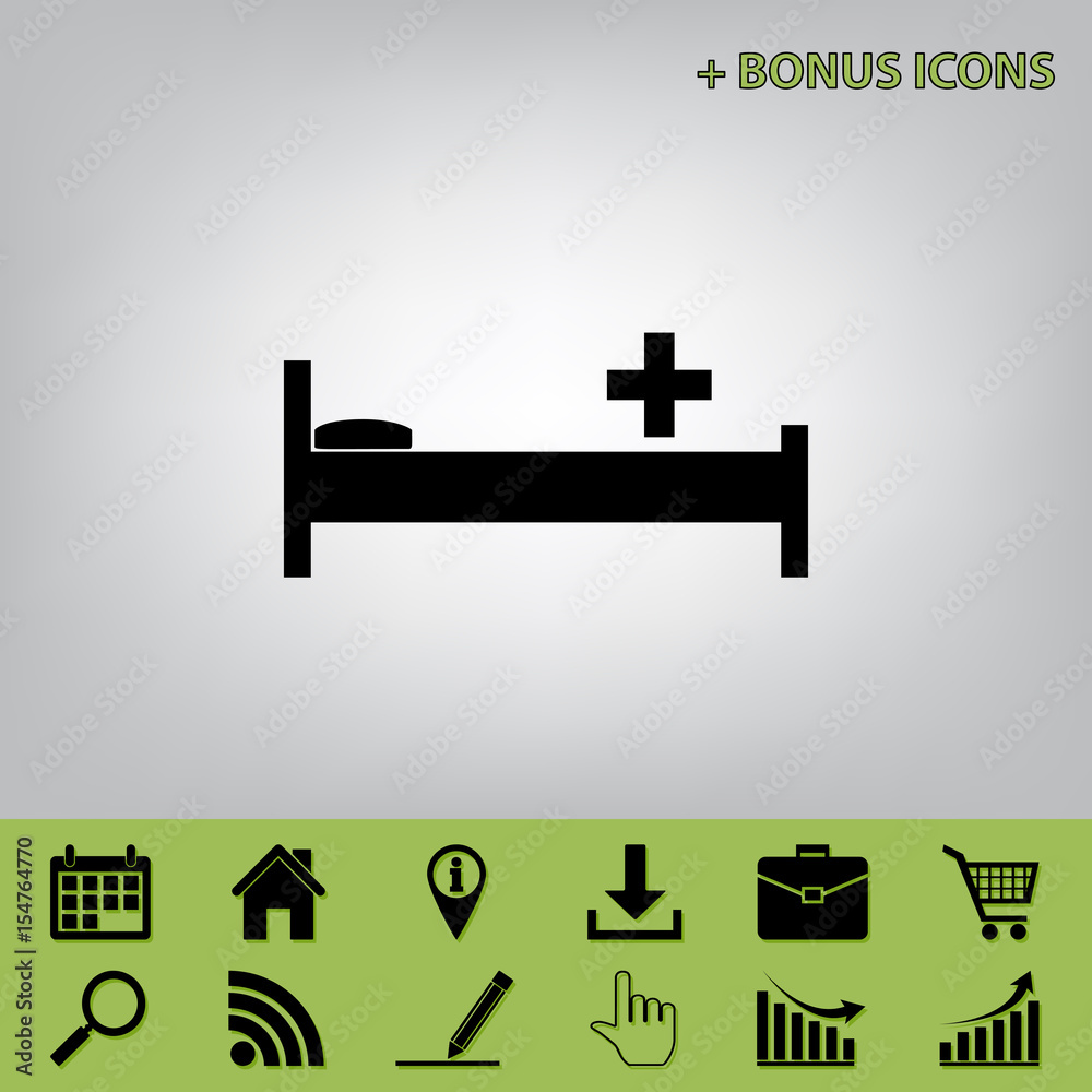 Hospital sign illustration. Vector. Black icon at gray background with bonus icons at celery ones Hospital sign illustration. Vector. Black icon at gray background with bonus icons at celery ones