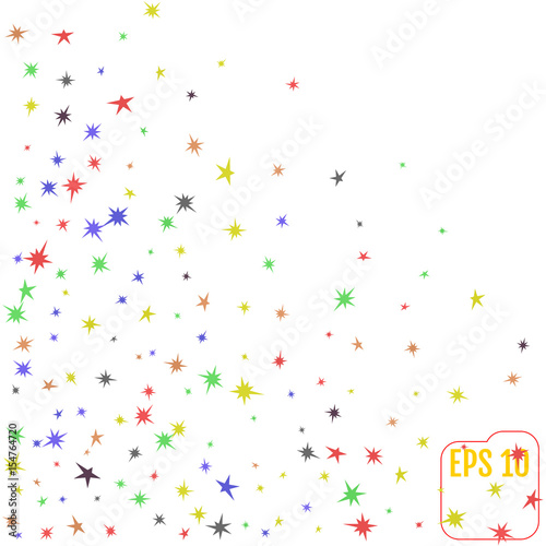 Many Falling Colorful Tiny Confetti And Stars Isolated On White Background. Vector. Multi colored