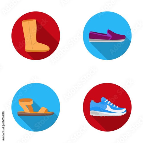 Beige ugg boots with fur, brown loafers with a white sole, sandals with a fastener, white and blue sneakers. Shoes set collection icons in flat style vector symbol stock illustration web.