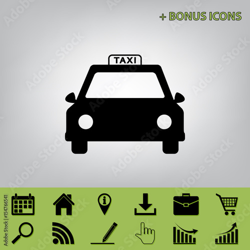 Taxi sign illustration. Vector. Black icon at gray background with bonus icons at celery ones