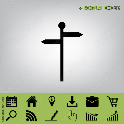 Direction road sign. Vector. Black icon at gray background with bonus icons at celery ones