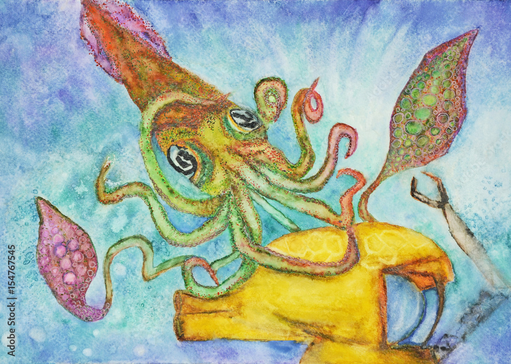 Giant squid attacking a submersible. A hand drawn watercolor image