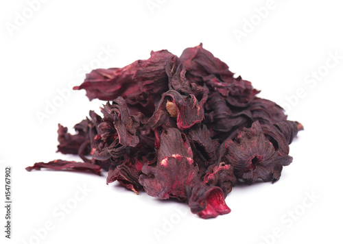 Dried hibiscus flowers. Hibiscus tea close-up, isolated on white background