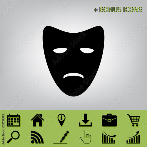 Tragedy theatrical masks. Vector. Black icon at gray background with bonus icons at celery ones